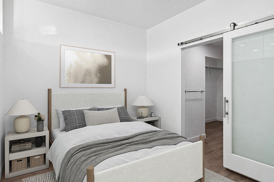 Model bedroom at Post House North located in Post District Residences in downtown Salt Lake City, Utah