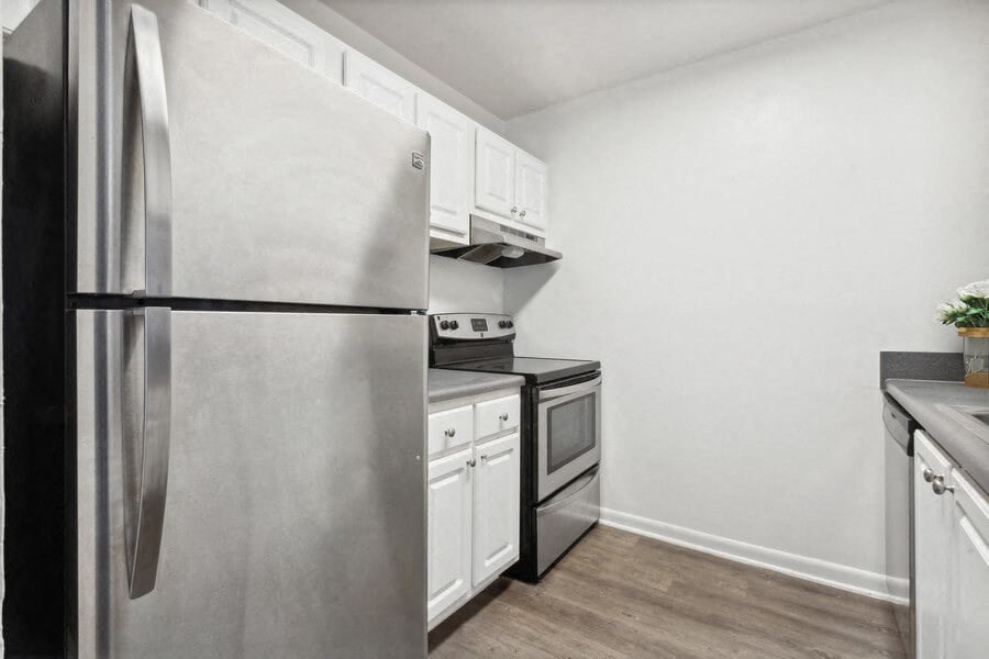 Model kitchen with stainless-steel appliances