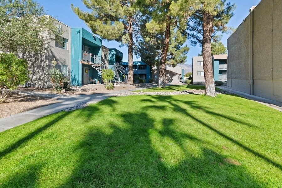Apartment buildings and well kept landscape