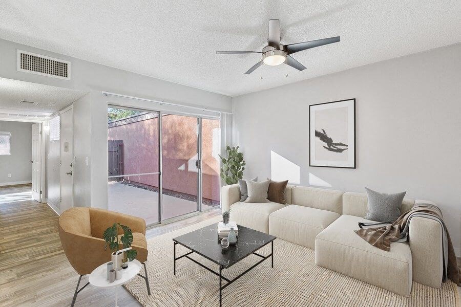 Model living room and patio