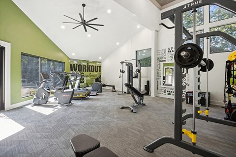 Community Fitness Center with Equipment at Arbor Village Apartments located in Charlotte, NC.