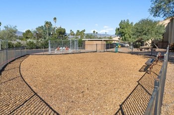 Fenced dog park area with waste disposal station