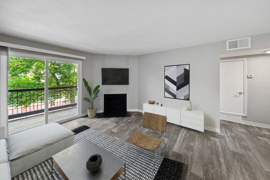 Model living room with patio door