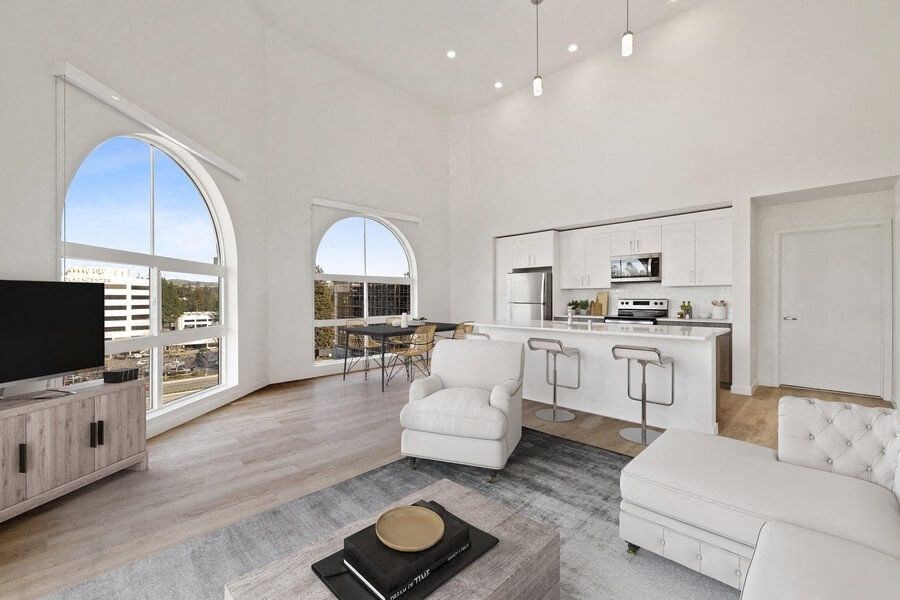 Model living room with arch windows