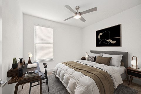 Model Bedroom with Carpet and Window View at Alta 3Eighty Apartments located in Aubrey, TX.