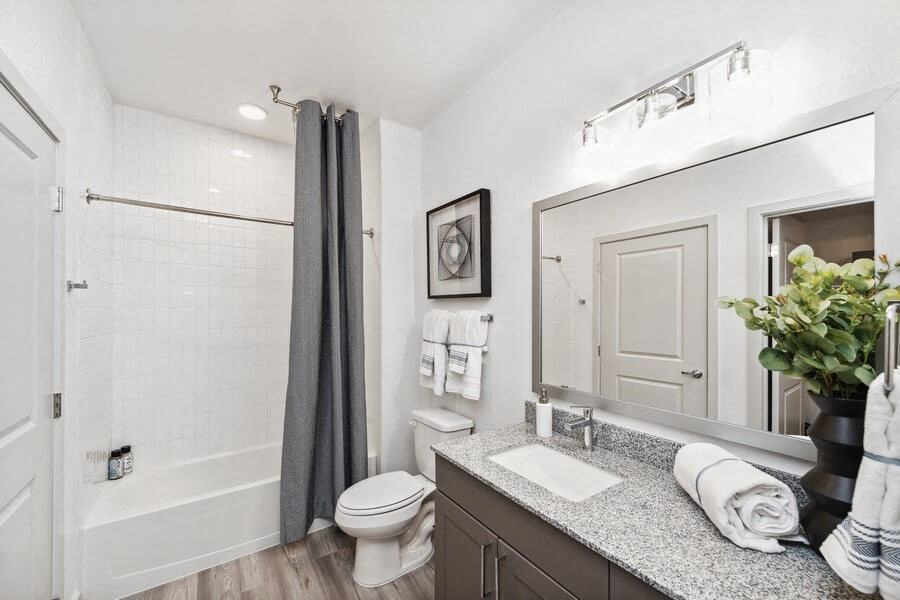 Model bathroom with large vanity