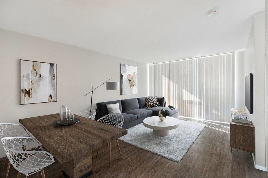 Model living room with sliding glass door