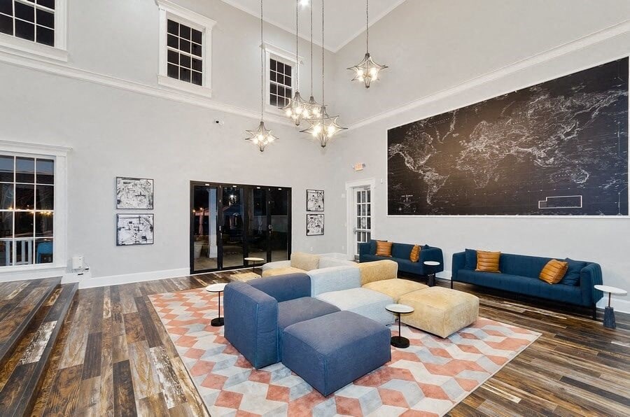 Clubhouse sitting area with high ceilings