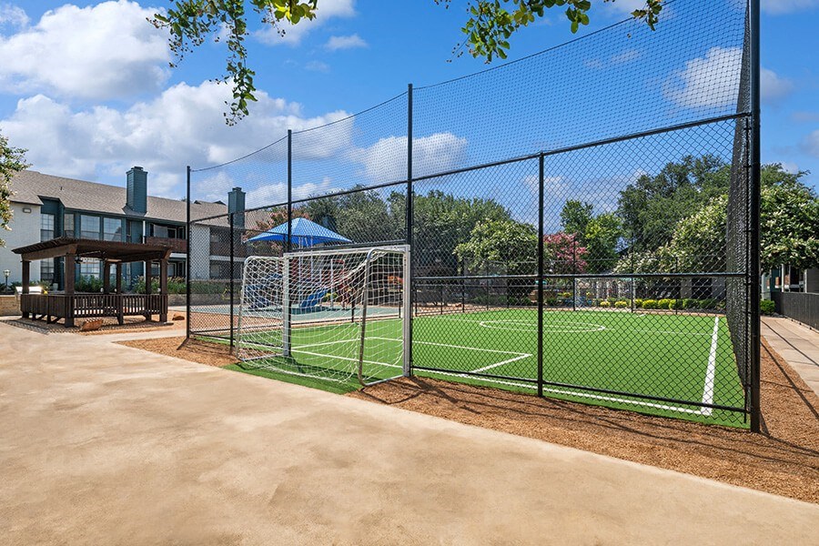 Community Soccer Field with Nets at Bridges at Deer Run Apartments in Dallas, TX.