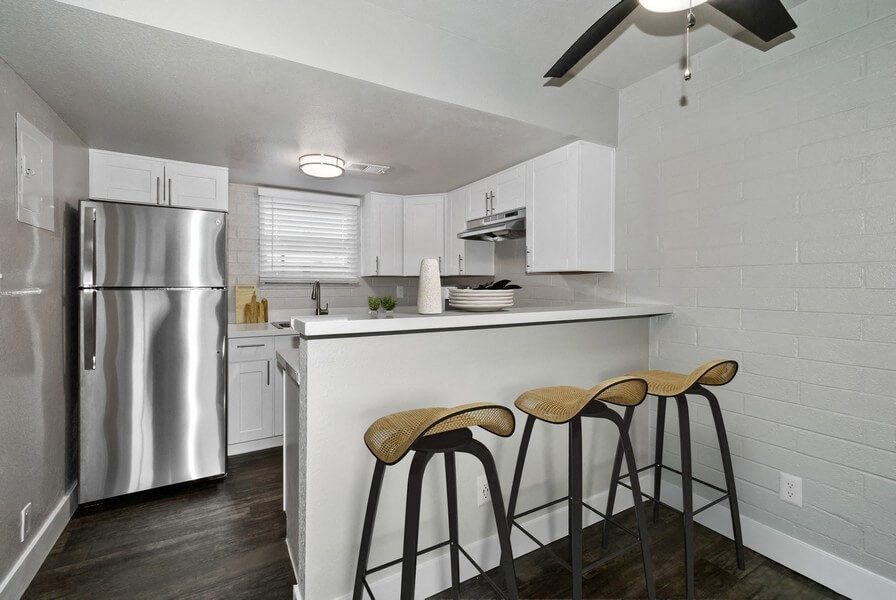 Model kitchen with bar seating