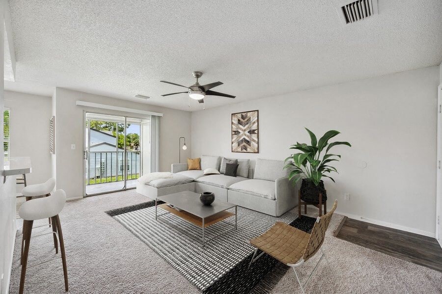 Model living room with patio door