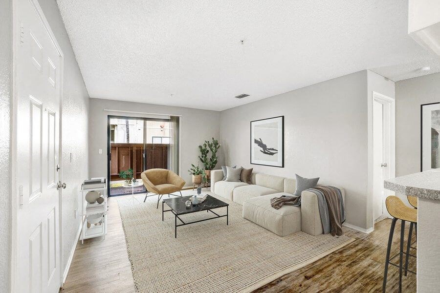 Model living room with glass sliding door