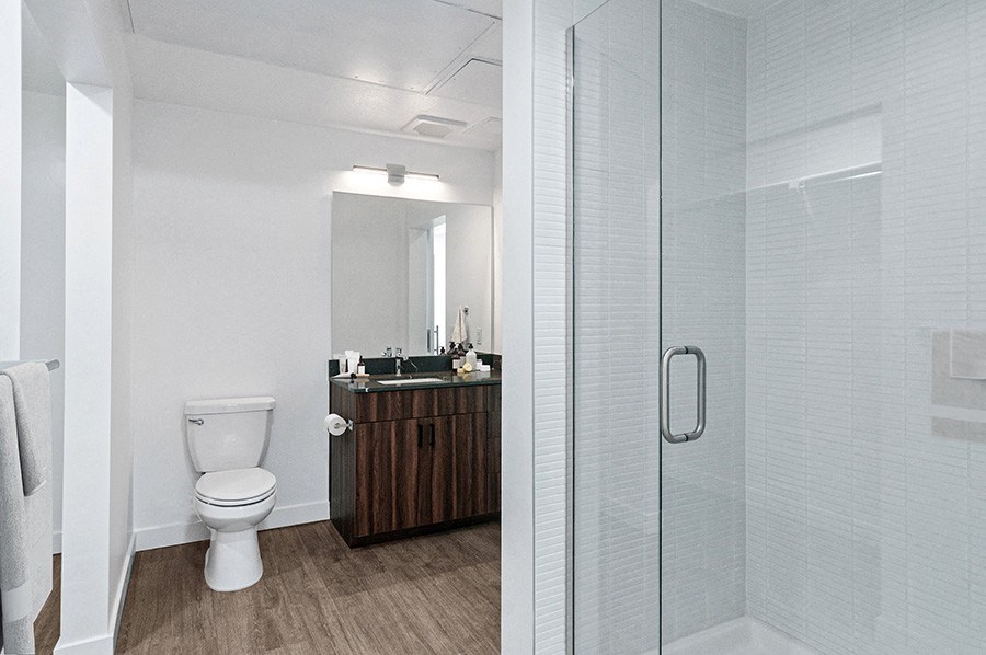 Model bathroom at Post House South located in Post District Residences in downtown Salt Lake City, Utah