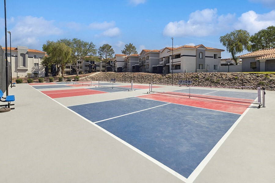 Community Pickleball Courts with Nets at Hilands Apartments in Tucson, AZ.