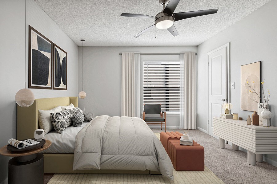 Model Bedroom with Carpet and Walk In Closet at Rosehill Preserve Apartments located in Orlando, FL.