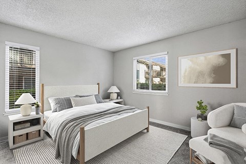 Model Bedroom with Carpet and Window Views at The Archer Apartments in Sacramento, CA.