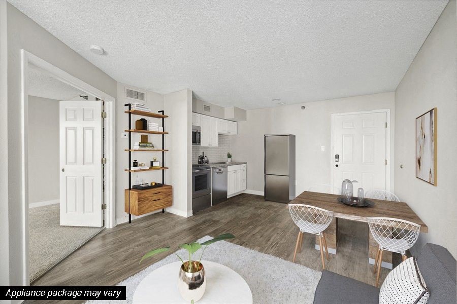 Model living and kitchen area