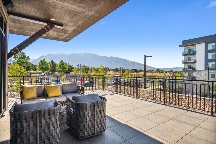 Community patio with lounge chairs
