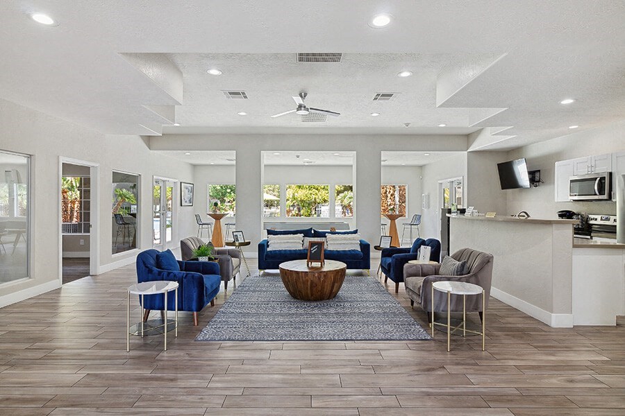 Community Clubhouse with Kitchen Area and Island at Verraso Apartments in Las Vegas, NV.