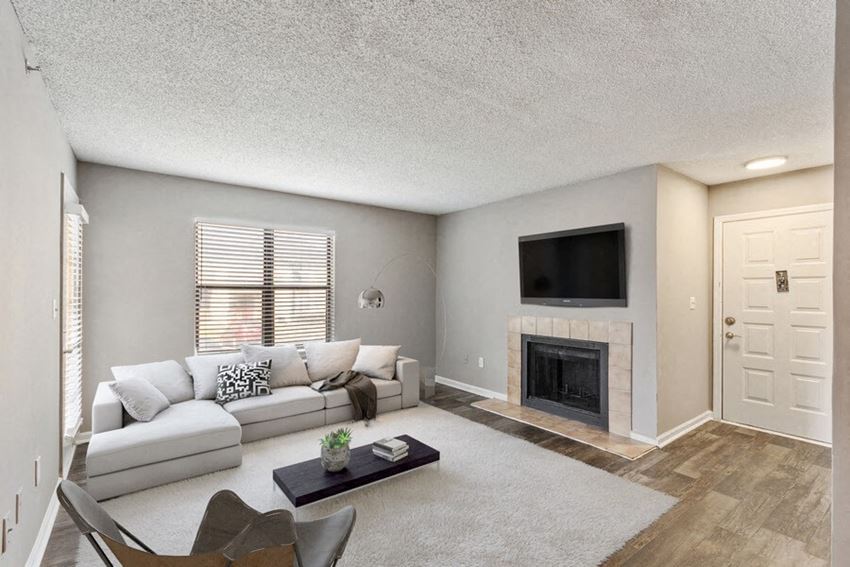 Model living room showcasing large area and fireplace