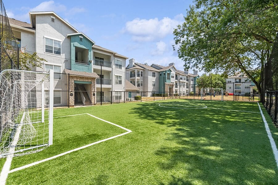 Community Soccer Field with Nets at Essence Apartments in Dallas, TX.