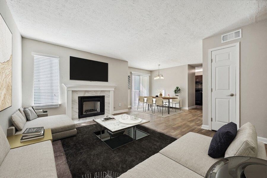 Model living room with fireplace