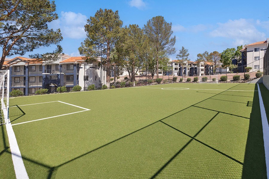 Community Soccer Field with Nets at Hilands Apartments in Tucson, AZ.