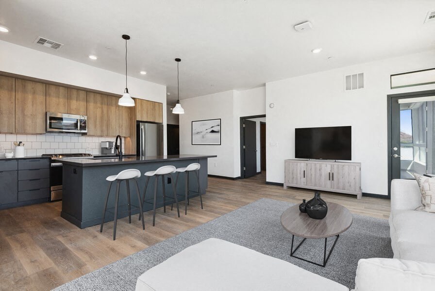 Model kitchen and living room area