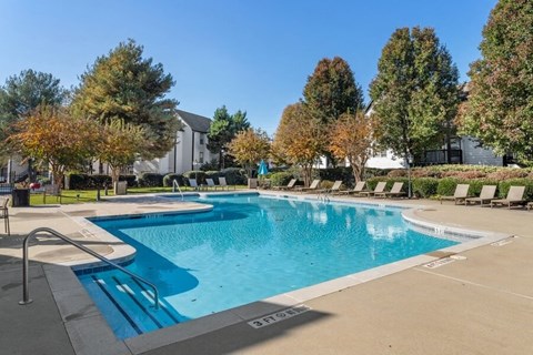 Luxury Apartments for Rent in Jonesboro, GA - The Park at Tara Lake - A Swimming Pool With Clear Blue Water, Poolside Lounge Chairs, Wide Concrete Deck, And Mature Trees.