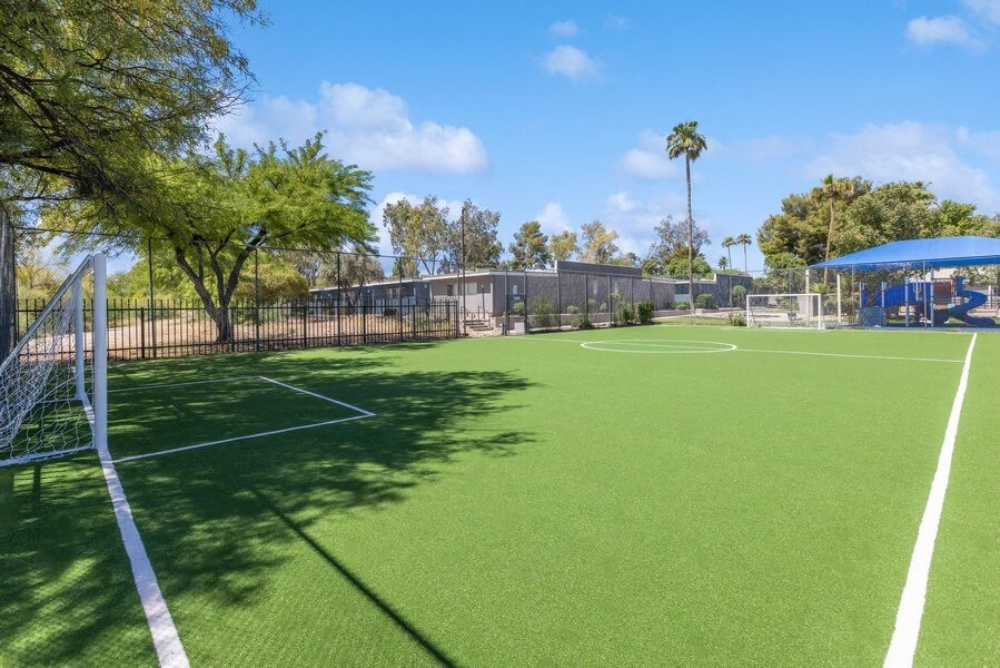 Community Soccer Field with Nets at Lakeside Casitas Apartments in Tucson, AZ.