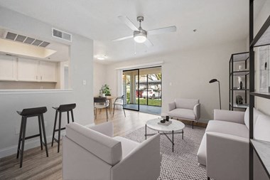 Model living room with sliding glass door