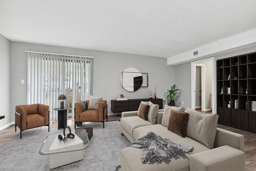 Model living room with large sofa