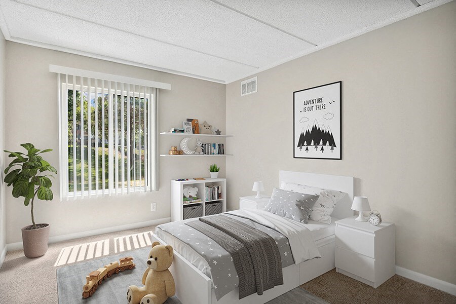 Model Bedroom with Carpet and Window View at Elevate on Parkway Apartments, Burnsville, Minnesota