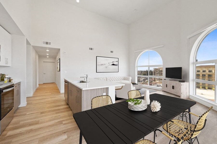 Model kitchen space with arch window