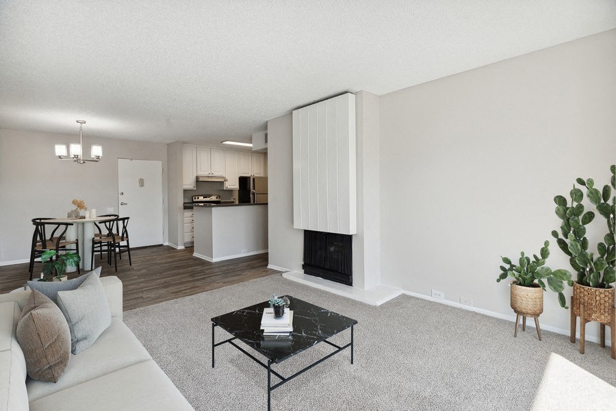 Model living room with fireplace