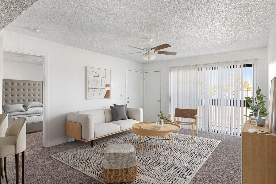 Model living room with sliding glass door