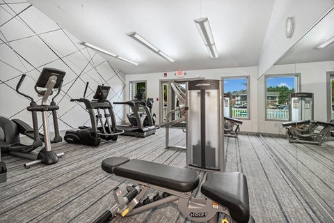 Fitness center interior at Stone Ends apartments in Stoughton, MA