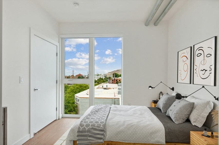 Model bedroom at 801 Flats located in Post District Residences in downtown Salt Lake City, Utah