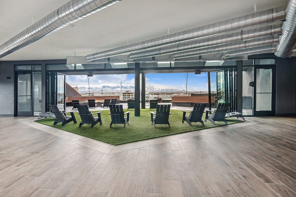 Convertible resident lounge area with gorgeous views at Post District Residences in Downtown Salt Lake City, Utah