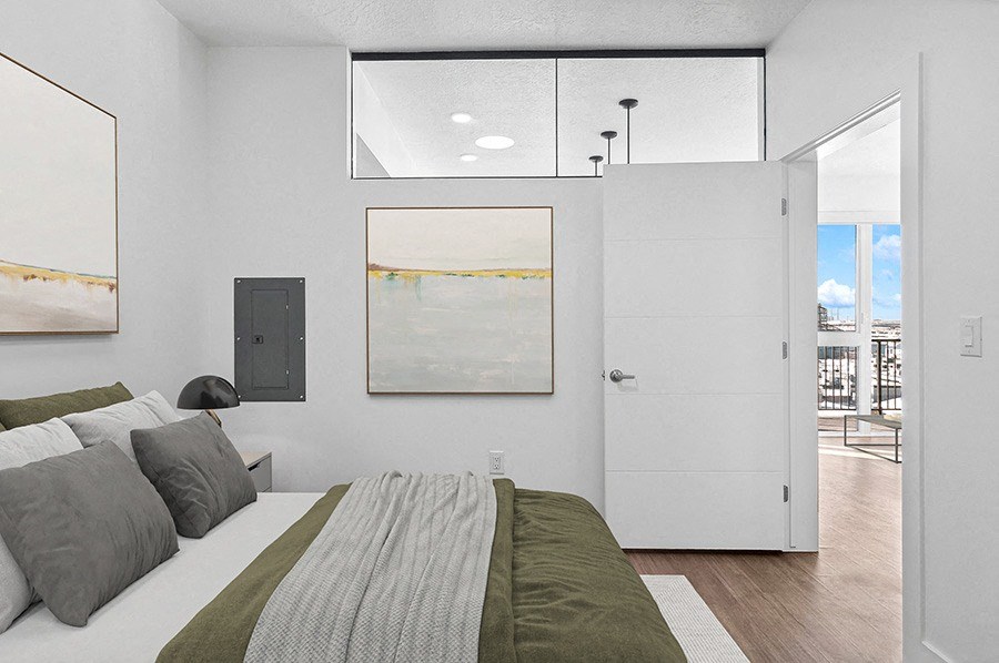 Model bedroom at Post House South located in Post District Residences in downtown Salt Lake City, Utah