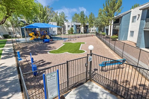 Community Dog Park with Agility Equipment at Solano Springs Apartments in Tucson, AZ.