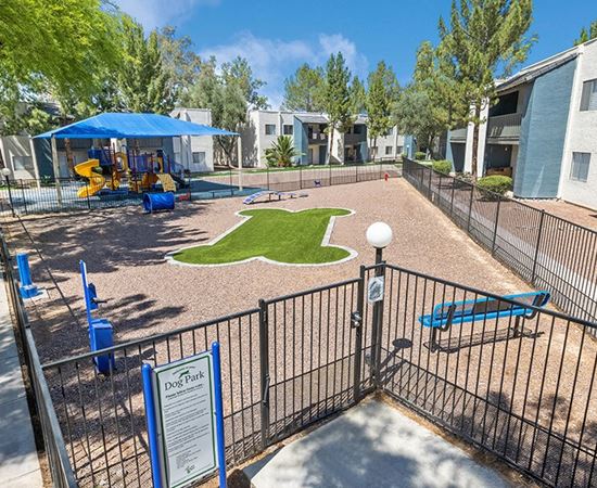 Community Dog Park with Agility Equipment at Solano Springs Apartments in Tucson, AZ.