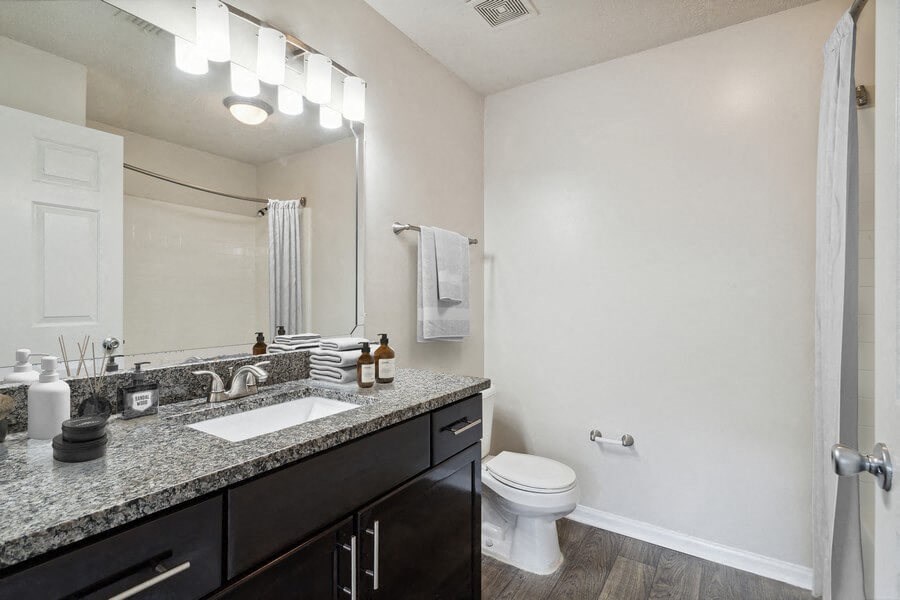 Model bathroom with dark vanity