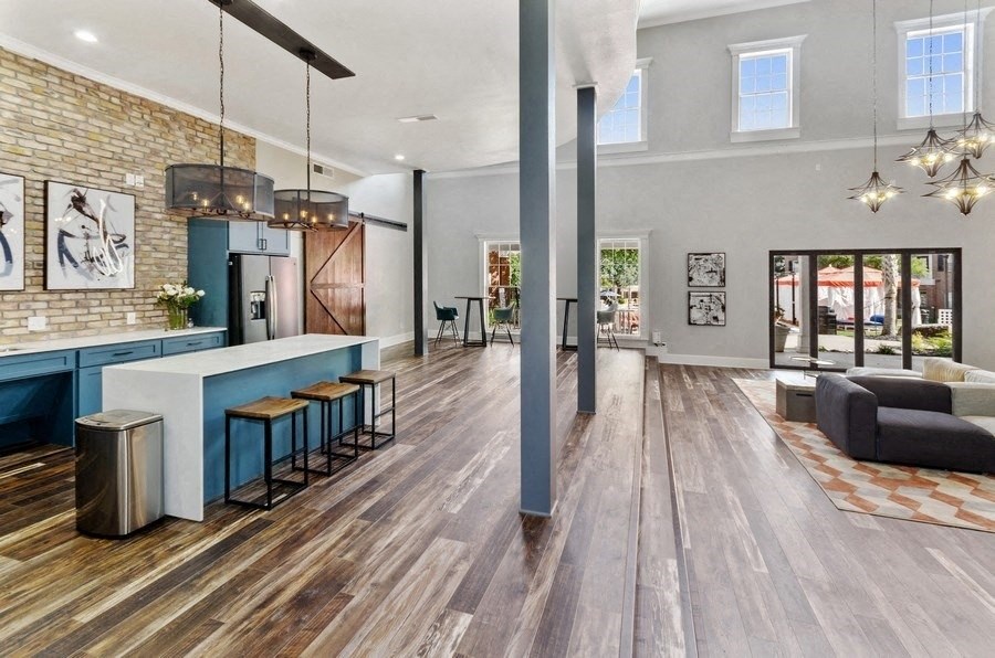 Clubhouse kitchen and dining area with bar seating