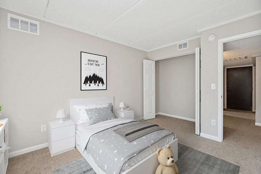 Model Bedroom with Carpet and Closet at Elevate on Parkway Apartments, Burnsville, 55337