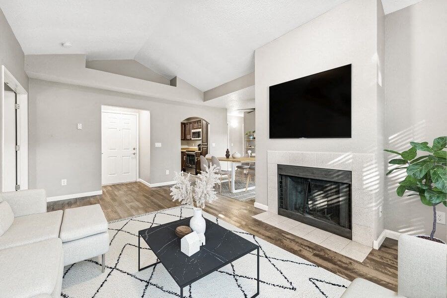 Model living room and fireplace