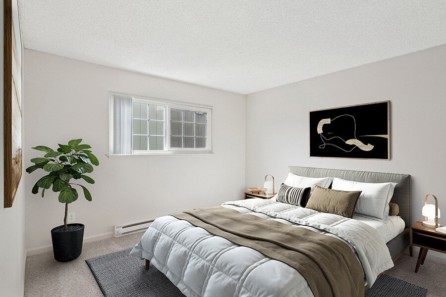 Model Bedroom with Carpet and Window View at Los Gatos Landing Apartments located in San Jose, CA.