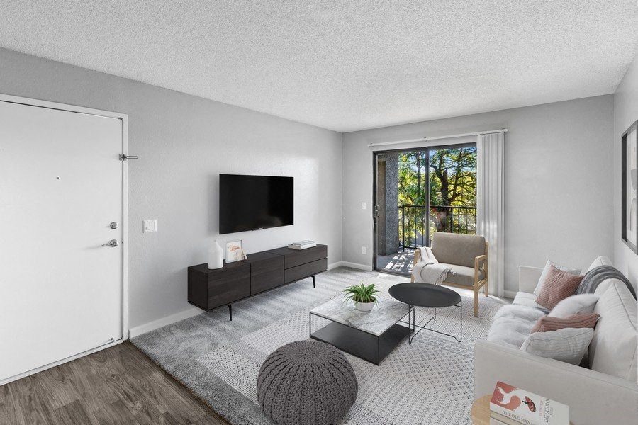 Model living room with sliding glass door