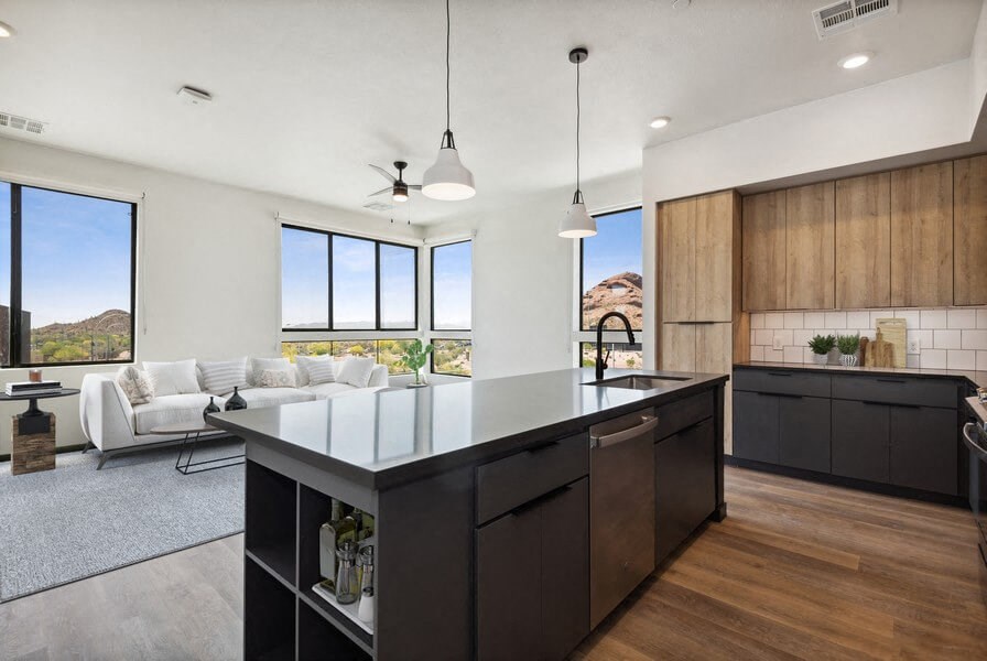Model kitchen with large windows and island