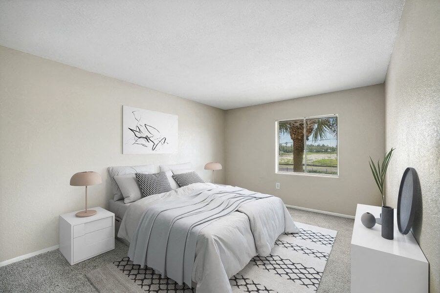 Model bedroom with plush carpeting